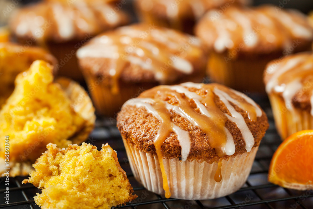 Carrot tangerine cupcakes with glaze and caramel topping