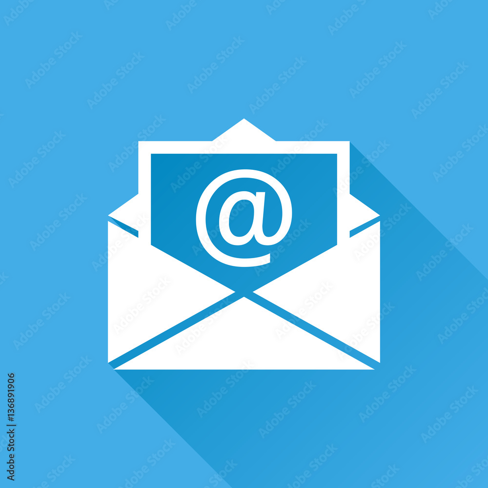 Mail envelope icon vector isolated on blue background with long shadow. Symbols of email flat vector illustration. Mail envelope icon vector isolated on blue background with long shadow. Symbols of email flat vector illustration.