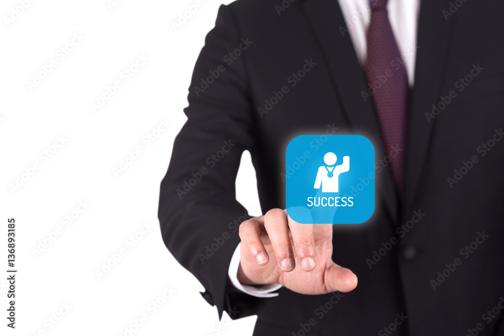 Hand pushing SUCCESS button on interface touch screen Hand pushing SUCCESS button on interface touch screen