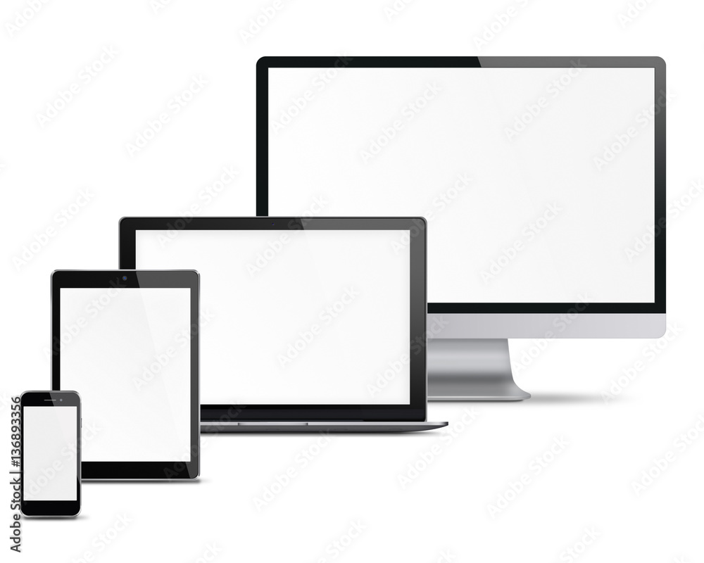 Computer monitor, mobile phone, smartphone, laptop and tablet pc with blank screen isolated on white background. 3D illustration. Computer monitor, mobile phone, smartphone, laptop and tablet pc with blank screen isolated on white background. 3D illustration.