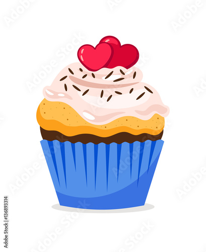 Cupcake illustration with hearts decoration and confetti, on white background. Vector icon