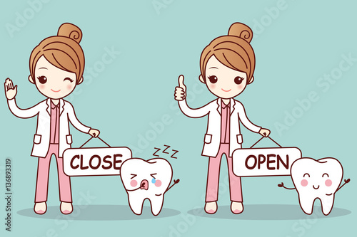 Happy cartoon tooth and dentist