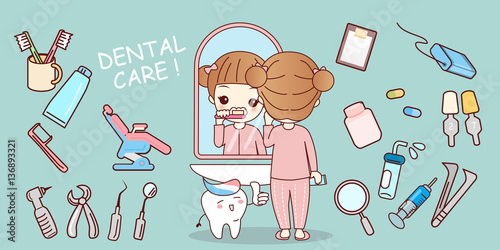 girl brush tooth with equipment