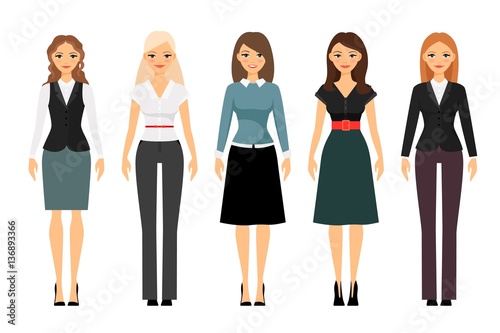 Beautiful women in different style clothes vector icons on white background. Women dress code illustration