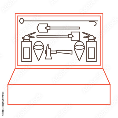 Firefighter shield with fire fighting equipment. Vector illustration.