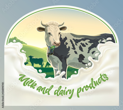 Cow, and splash of milk against the background of a rural landscape in frame. Vector illustration. 