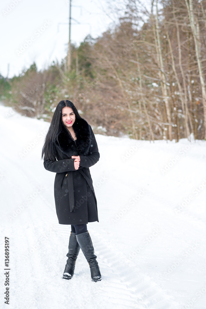 portrait of a beautiful young girl on a background of a winter p portrait of a beautiful young girl on a background of a winter p