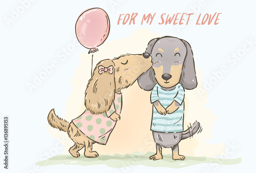 Hand drawn cute cartoon Dachshund kissing her boyfriend in watercolor style, vector