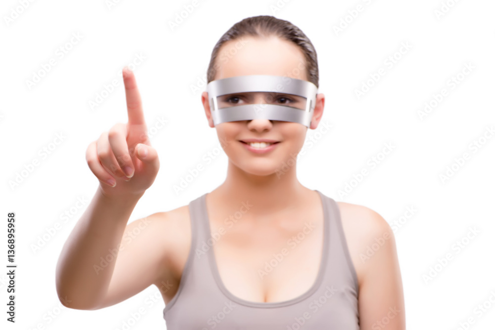 Techno girl pressing virtual button isolated on white