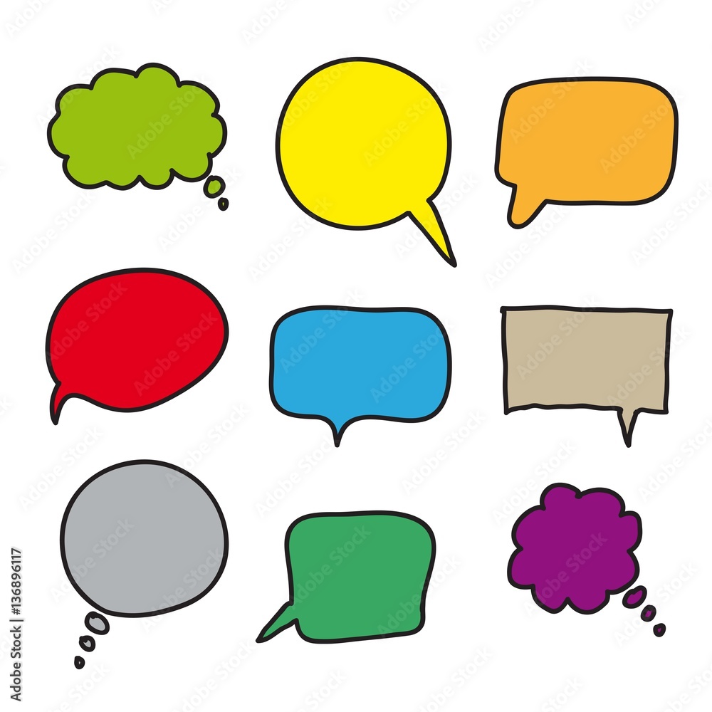 flat colored speech bubbles. hand drawn icons flat colored speech bubbles. hand drawn icons