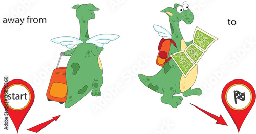 Cartoon dragon goes away from the start and then to the finish.