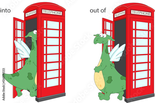Cartoon dragon goes into and out of telephone box. English gramm