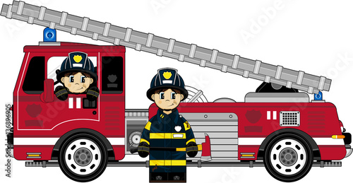 Cute Cartoon Firemen - Firefighters and Fire Truck