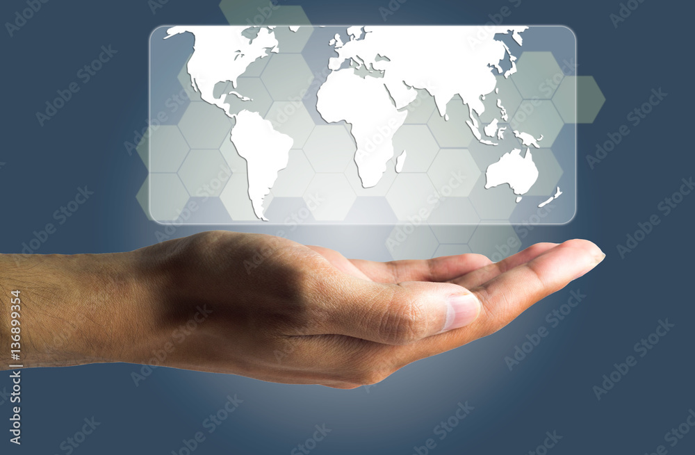 Business and Technology concept, a male hand produce the virtual Business and Technology concept, a male hand produce the virtual