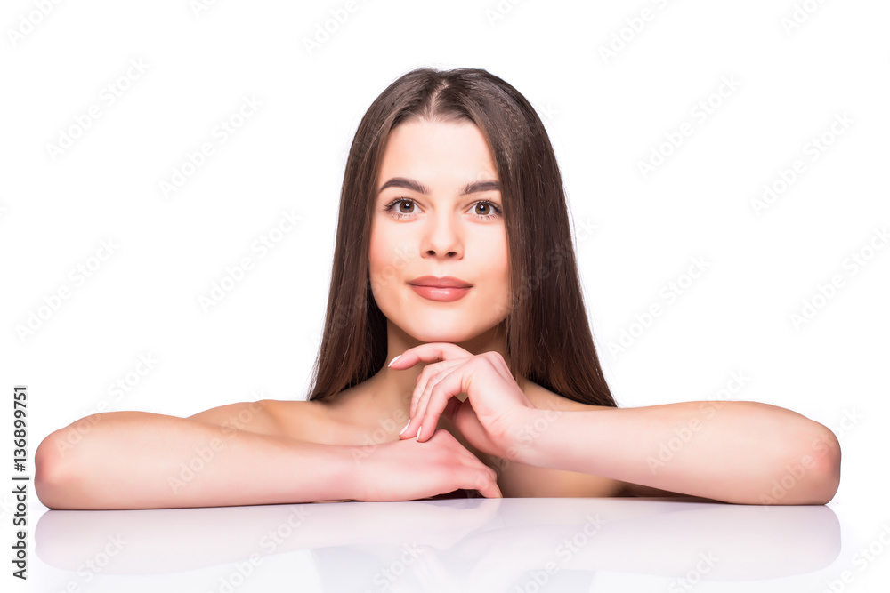 Beautiful Young Woman with Clean Fresh Skin touch own face . Facial treatment . Cosmetology , beauty and spa . Beautiful Young Woman with Clean Fresh Skin touch own face . Facial treatment . Cosmetology , beauty and spa .