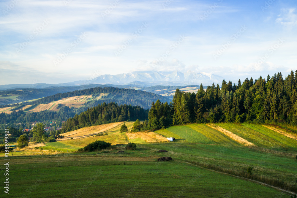 Krajobraz wiejski. Wzniesienia okolic Czorsztyna i Niedzicy, Pieniny, w oddali Tatry