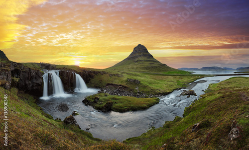 Iceland landscape with volcano and waterfall