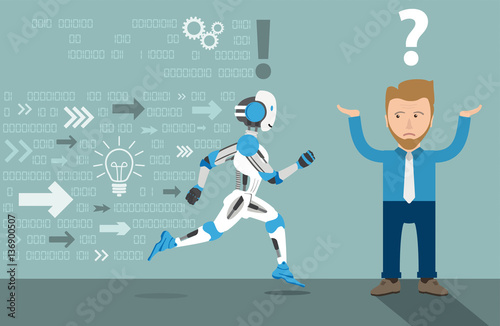 Cartoon Businessman Running Robot Data Arrows