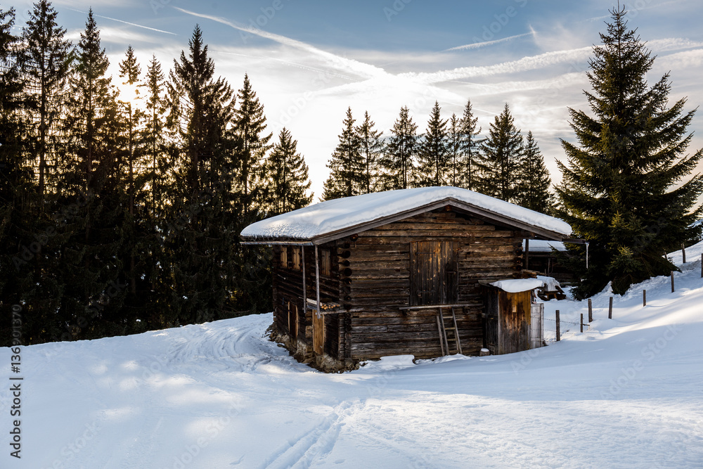 Hütte steht in Winterlandschaft mit Wald im Hintergrund Hütte steht in Winterlandschaft mit Wald im Hintergrund