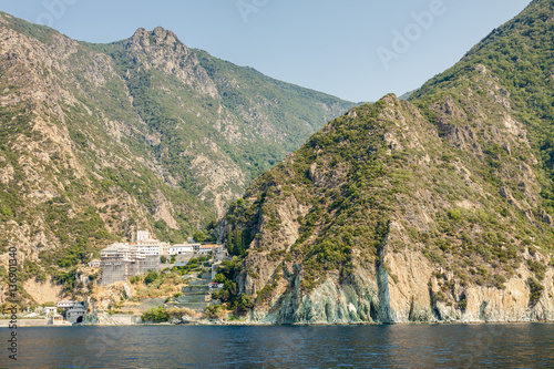 Sea view at one of the monasterys of Saint Athos, Khalkidiki, Greece.