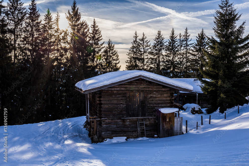 Hütte steht in der Landschaft am Berg im Winter