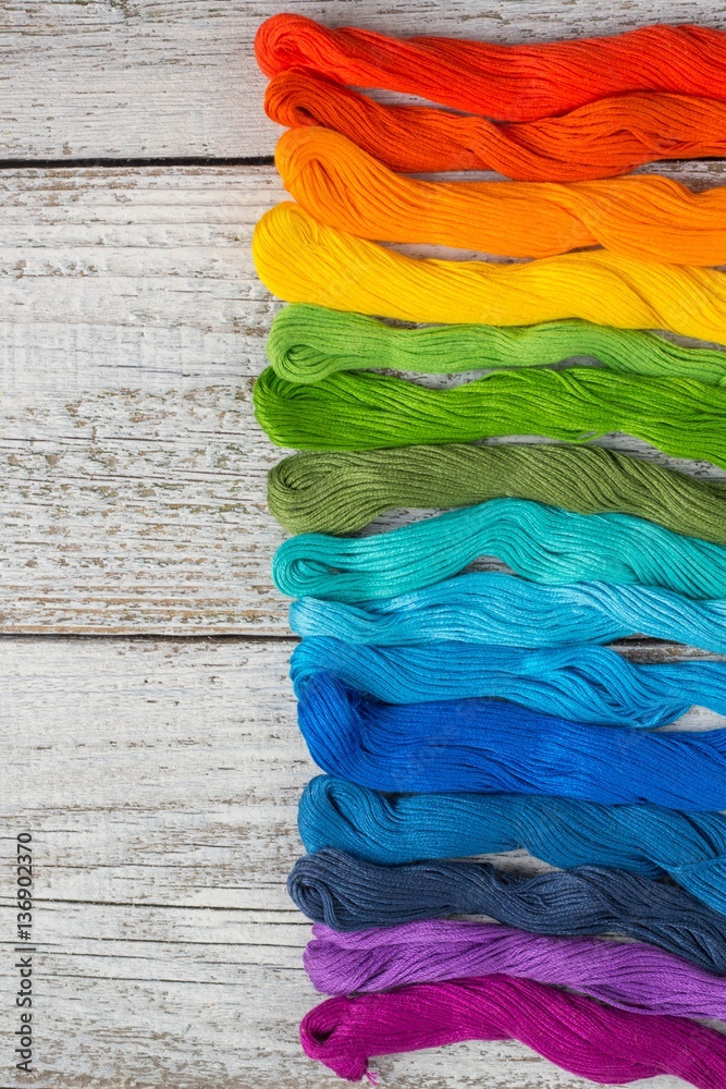colorful sewing threads for embroidery on white background