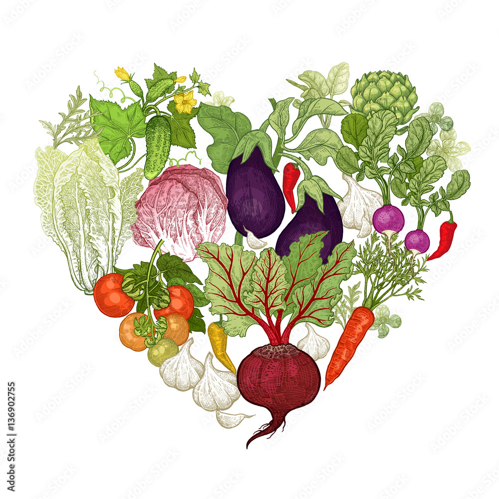 Fototapeta Vector set with vegetables in the form of heart.