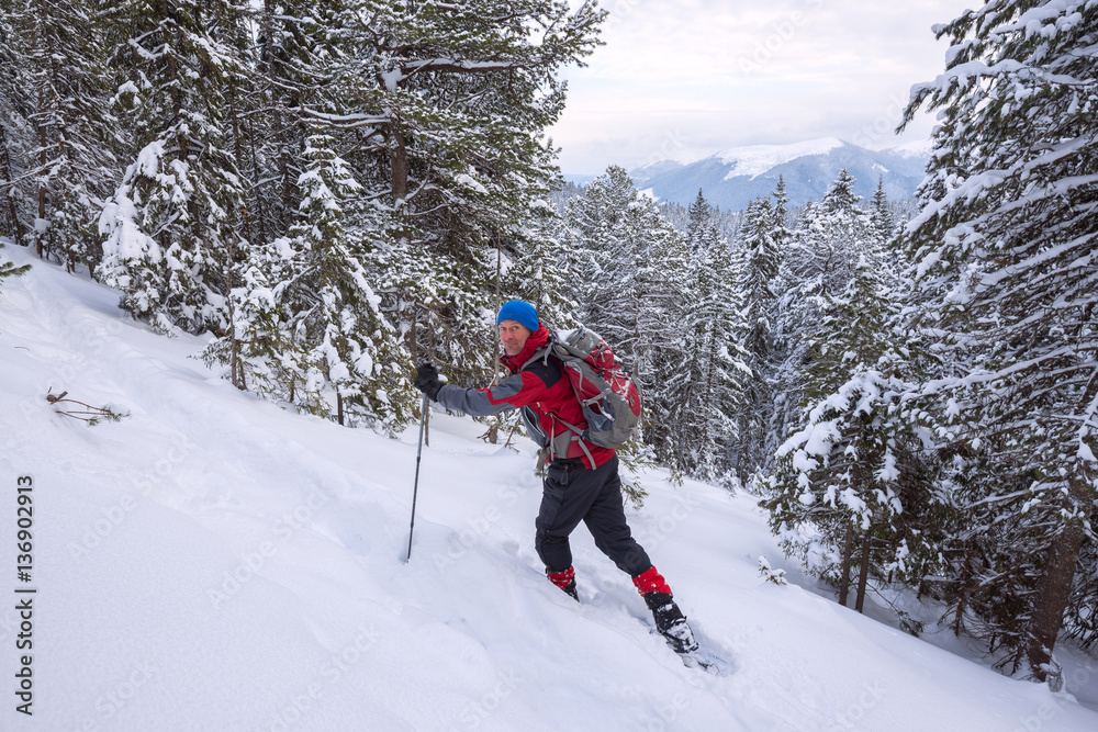 Traveler man goes to snowshoeing uphill