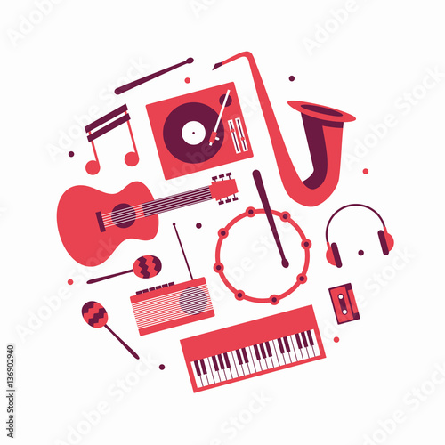 Music, vector flat illustration, icon set. Guitar, turntable, note, trumpet, headphones, drum, radio, maracas, piano, cassette tape