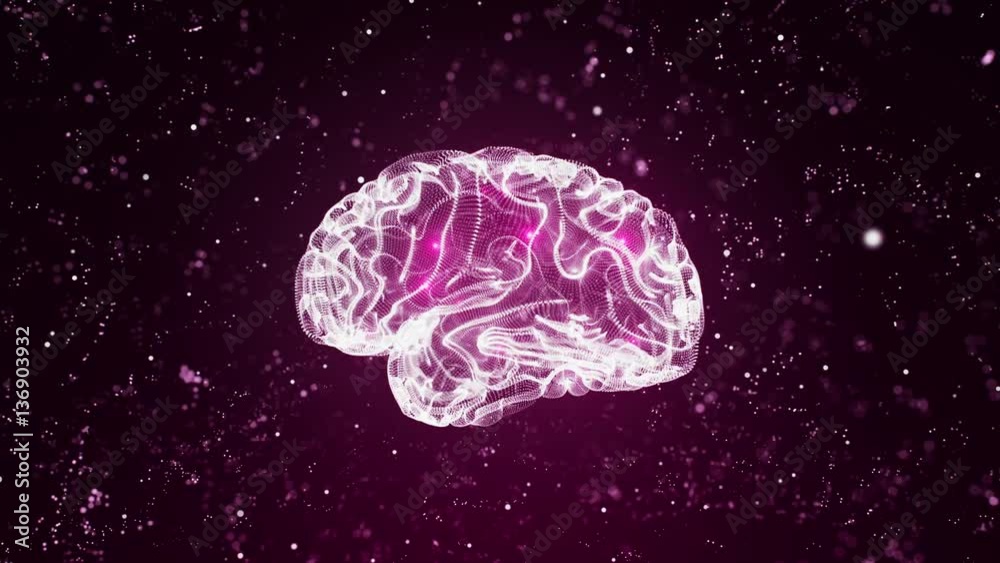 Holographic human brain rotating against black background illuminated with red light
