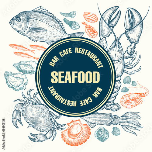 Poster design kitchen with sea food.