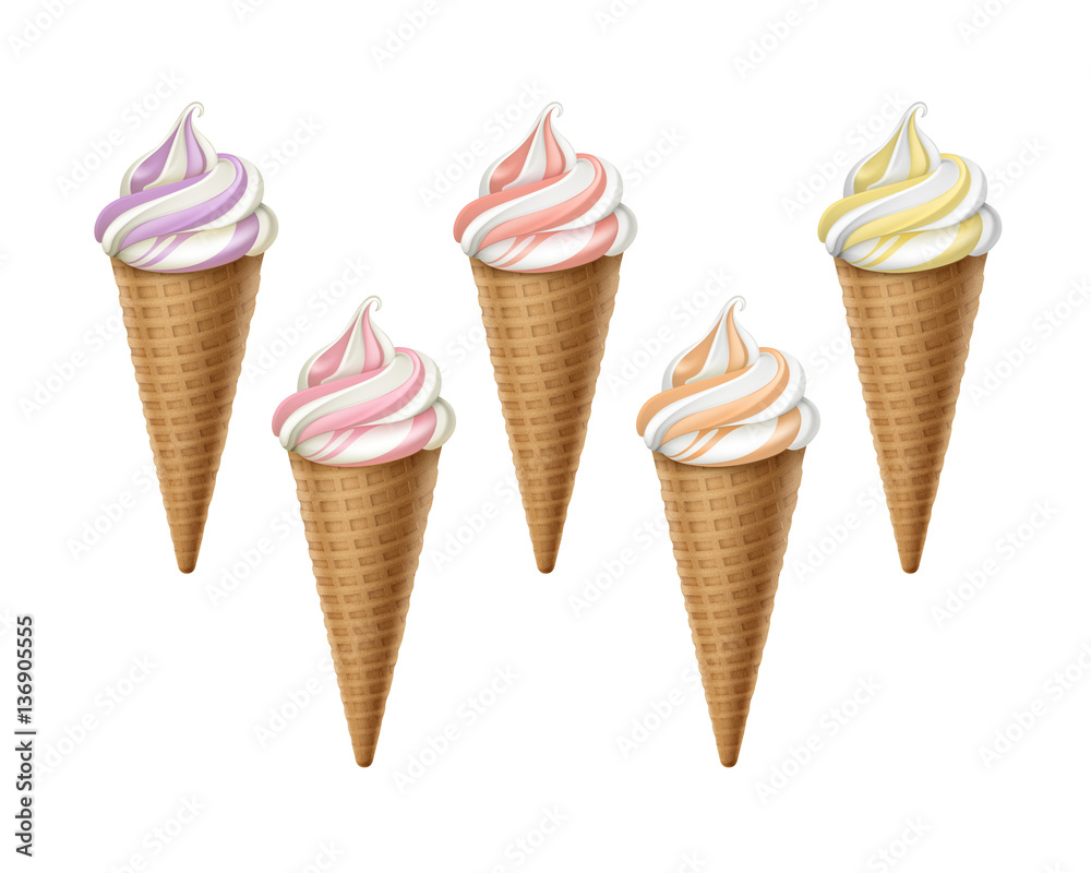 Vector set of Striped Colorful Light Orange Yellow Purple Soft Serve Ice Cream Waffle Cone in Pink White Carton Wrapper Close up Isolated on White Background