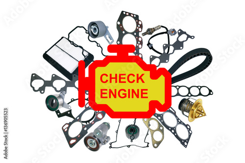 Check engine light symbol. Image of auto spare parts on white background