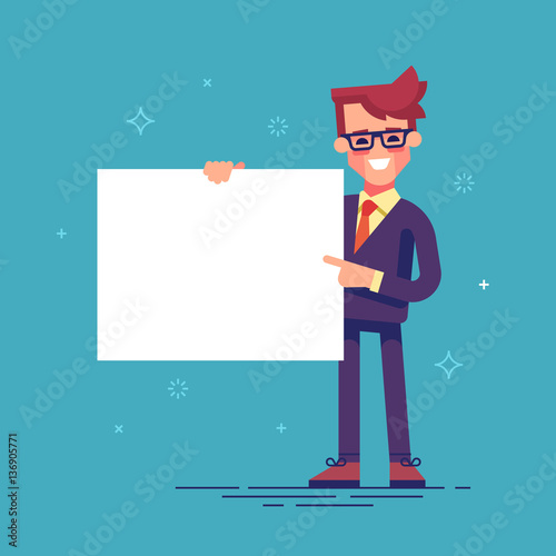 Handsome manager in formal suit holding a blank sheet and pointing by index finger to it. Template for your text. Cartoon character - cute businessman. Stock vector illustration in flat design.
