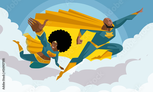african couple superhero man and girl flying in the sky