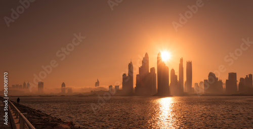 Dubai Marina Towers at Sunset Panoramic View 