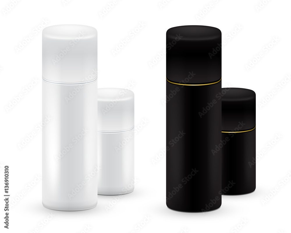 Black and white Bottles of aerosol spray, metal bottle for cosmetic, perfume or hairspray. Deodorant packing.