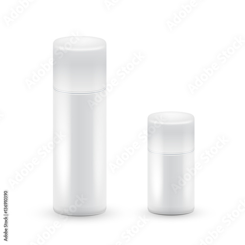 White big and small Bottles of aerosol spray, metal bottle for cosmetic, perfume or hairspray. Deodorant packing.