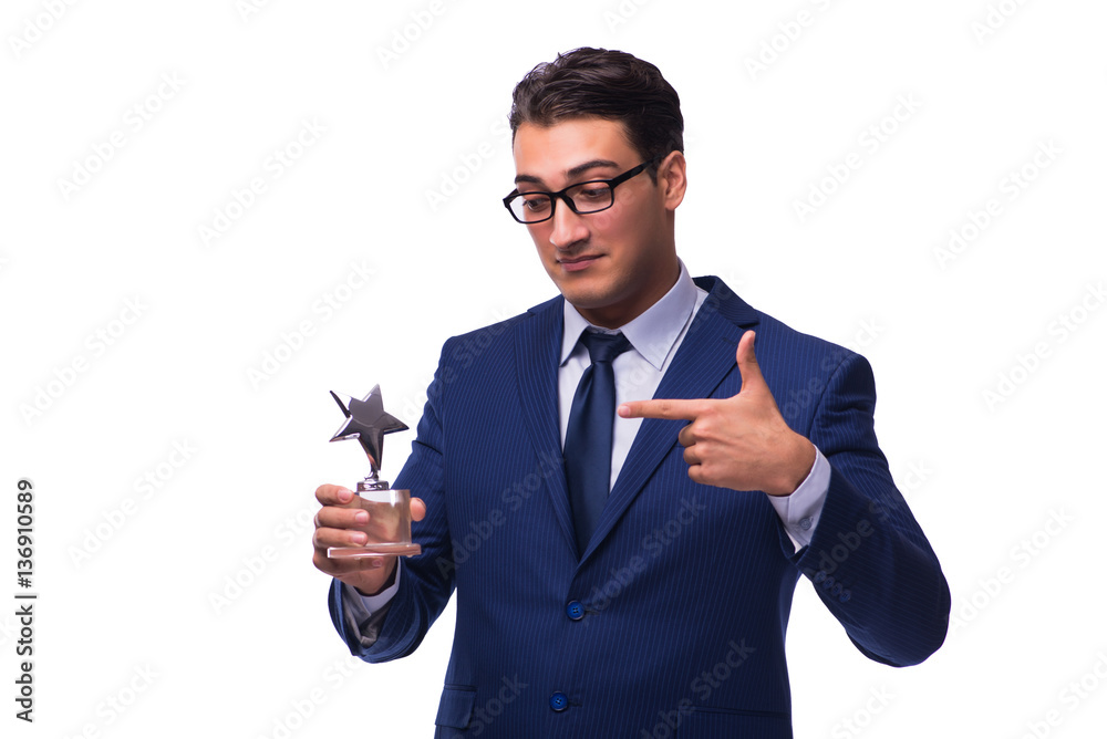 Businessman with star award isolated on white Businessman with star award isolated on white
