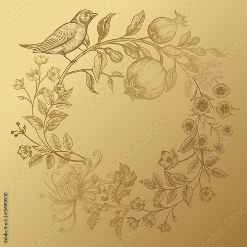 Frame with birds  flowers and fruits.