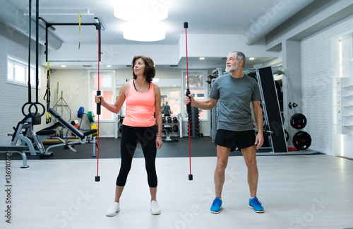 Senior couple in gym working out with vibration bars