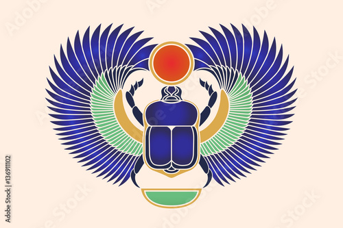 Beetle scarab with wings, sun and a crescent moon. Ancient Egyptian culture. God Khepri Sun morning dawn. The emblem, logo. Object isolated on white background. Vector illustration.