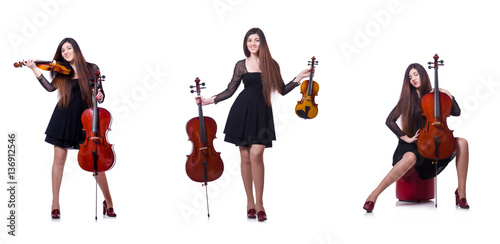 Young performer with violin on white