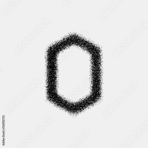 Black abstract geometric badge, polygon, hex shape with film grain, noise, dotwork, grunge texture and black background for logo, design concepts, posters, banners, web and prints. Vector illustration