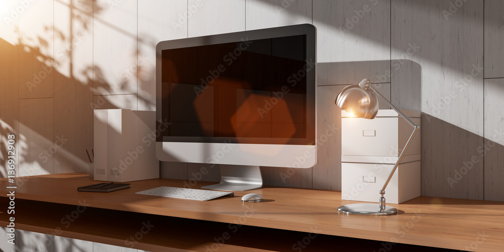 Modern dark desk office interior with computer and devices 3D re Modern dark desk office interior with computer and devices 3D re