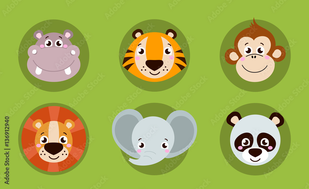Big set head of animals icons. Vector collection funny face of animals. Cute face of animals: elephant, hippo, tiger, lion, panda Big set head of animals icons. Vector collection funny face of animals. Cute face of animals: elephant, hippo, tiger, lion, panda