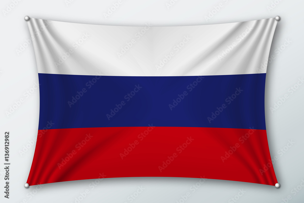 Russia national flag. Symbol of the country on a stretched fabric with waves attached with pins. Realistic vector illustration. Russia national flag. Symbol of the country on a stretched fabric with waves attached with pins. Realistic vector illustration.