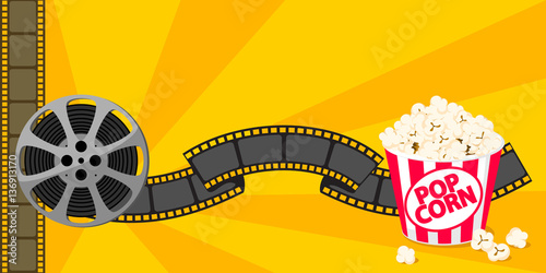Film strip border with popcorn isolated on background. Yellow background. Vector illustration.  Movie poster template for cinema design. Vector illustration.