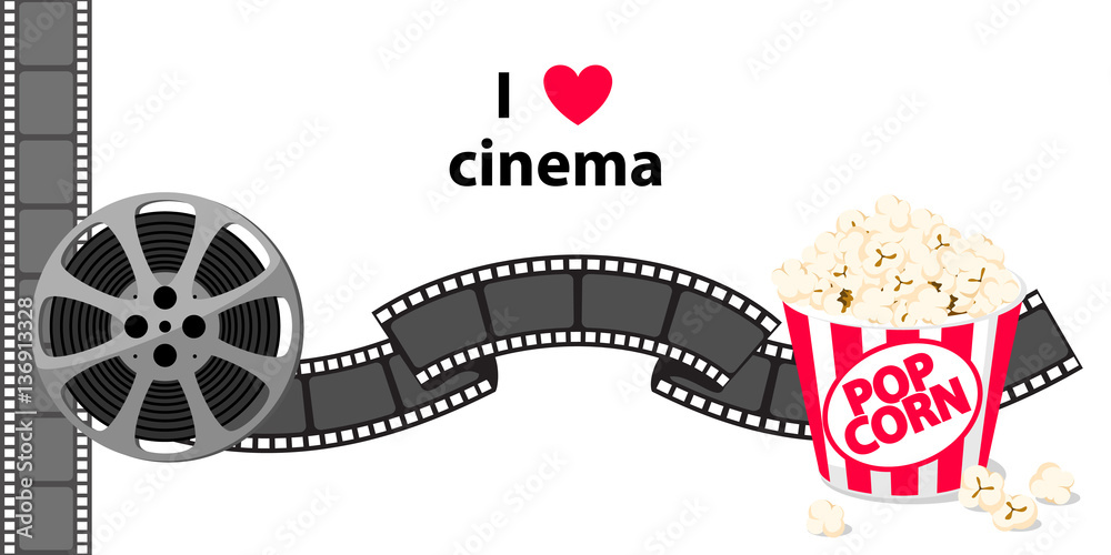 Naklejka premium Film strip border with popcorn isolated on background.White background. Vector illustration. Movie poster template for cinema design. Vector illustration.