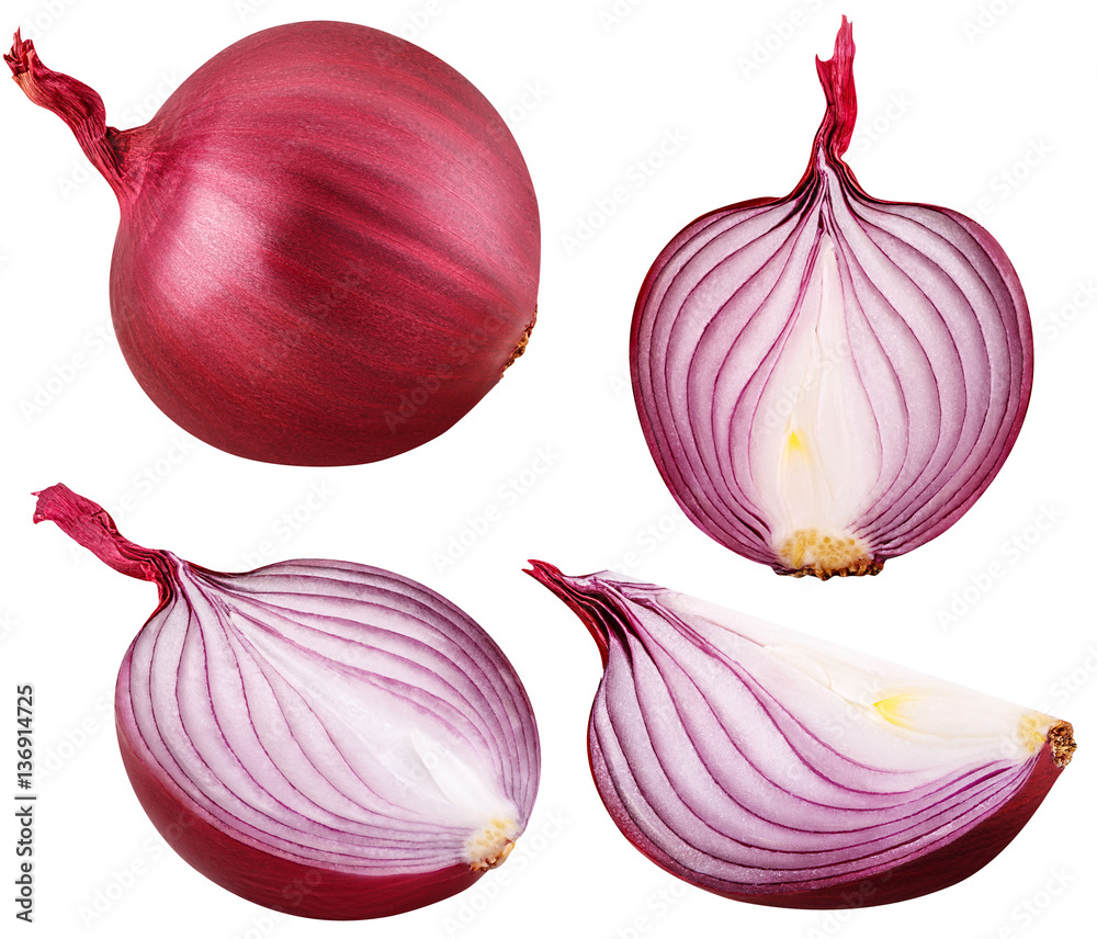 bulb red onion set cut isolated on white background - obrazy, fototapety, plakaty 
